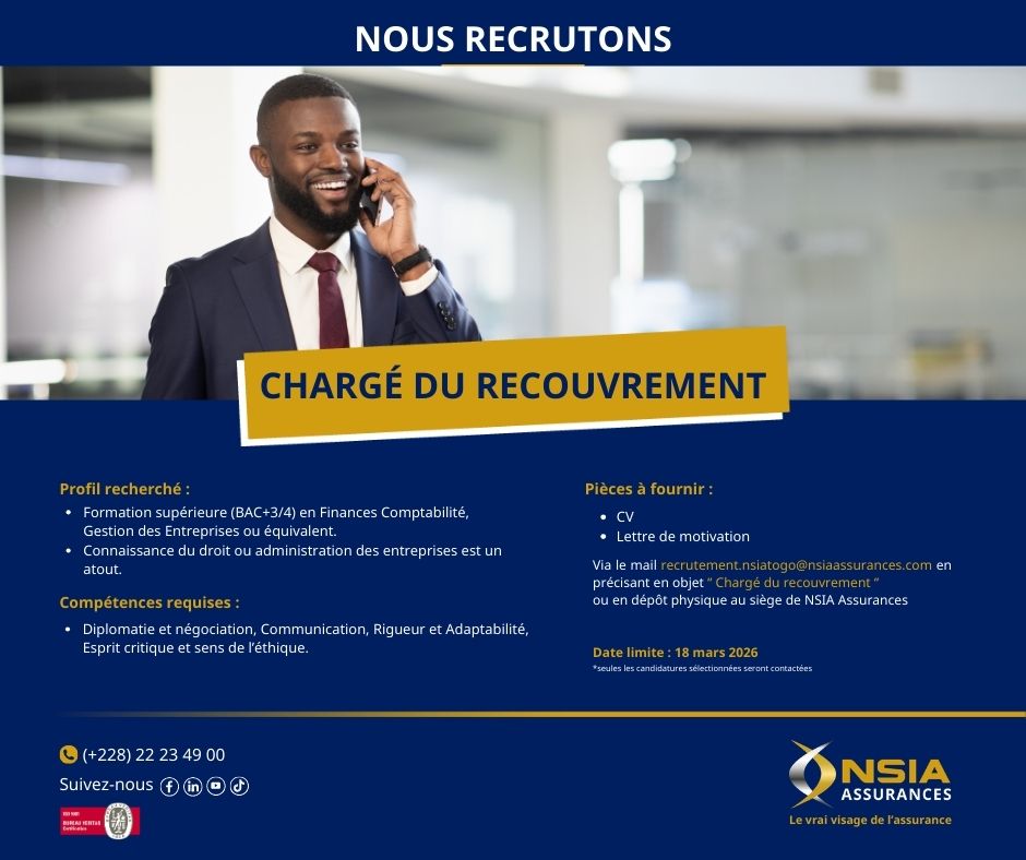 Nouvelle offre d'emploi à NSIA Assurances (12 mars 2026)