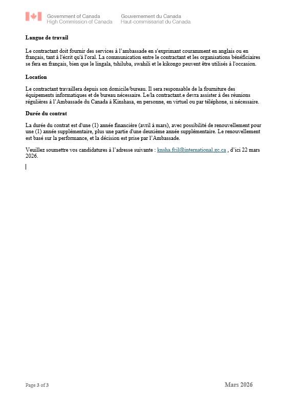 NOUVEAU POSTE A POURVOIR A L'AMBASSADE DU CANADA (17 mars 2026)