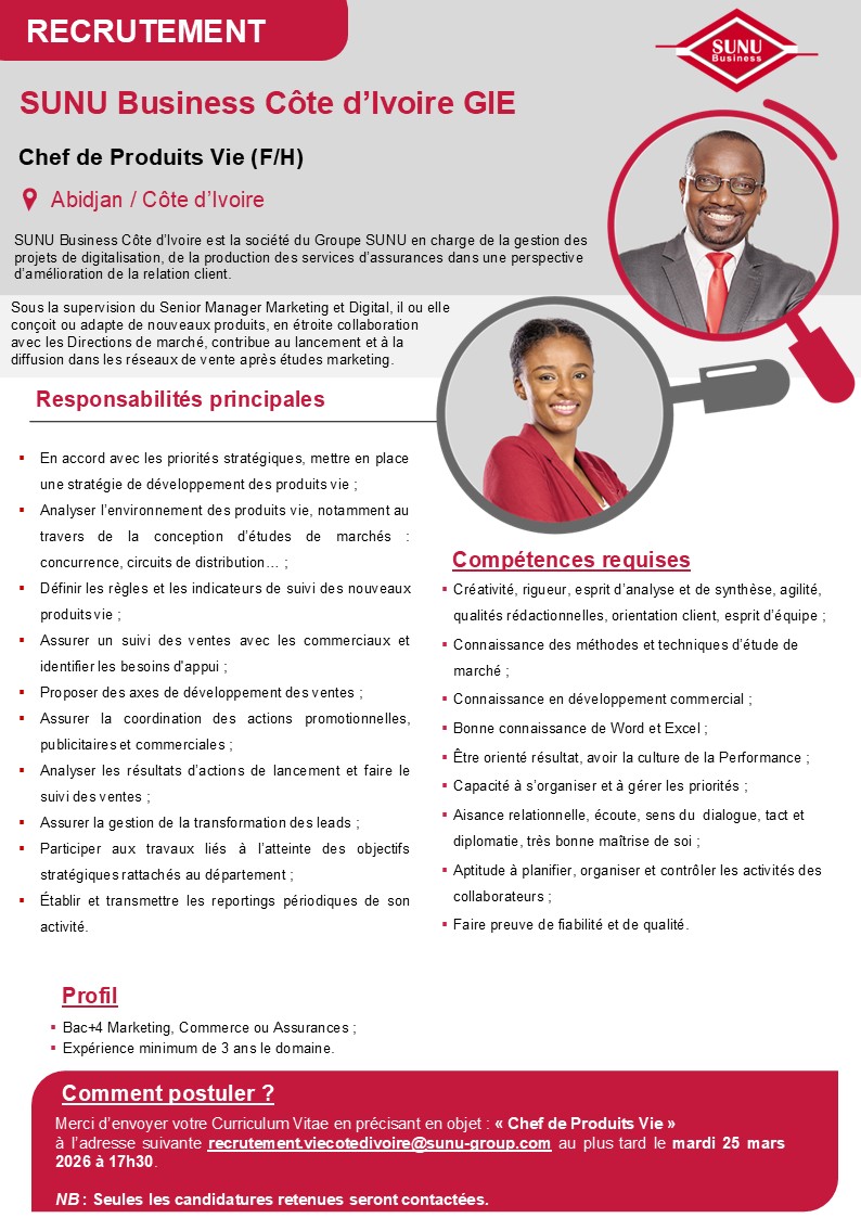 Recrutement au sein des filiales du Groupe SUNU : soumettez votre candidature (19 mars 2026)