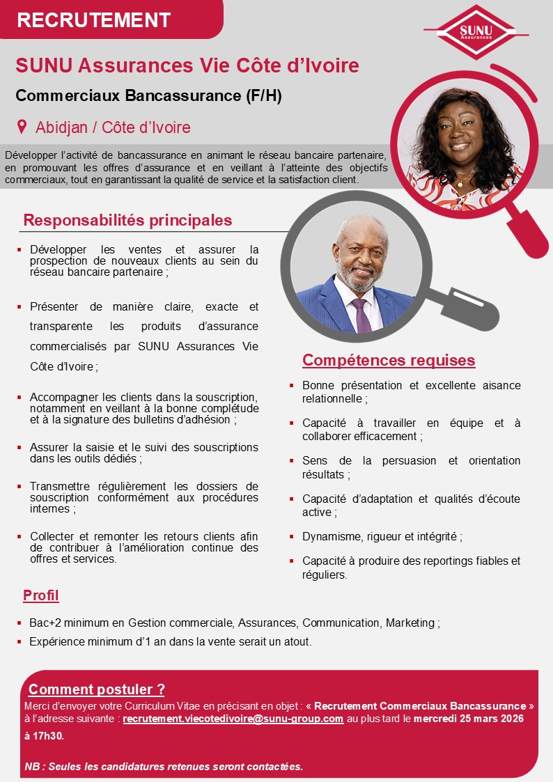 Recrutement au sein des filiales du Groupe SUNU : soumettez votre candidature (19 mars 2026)