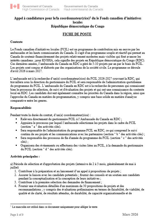 NOUVEAU POSTE A POURVOIR A L'AMBASSADE DU CANADA (17 mars 2026)