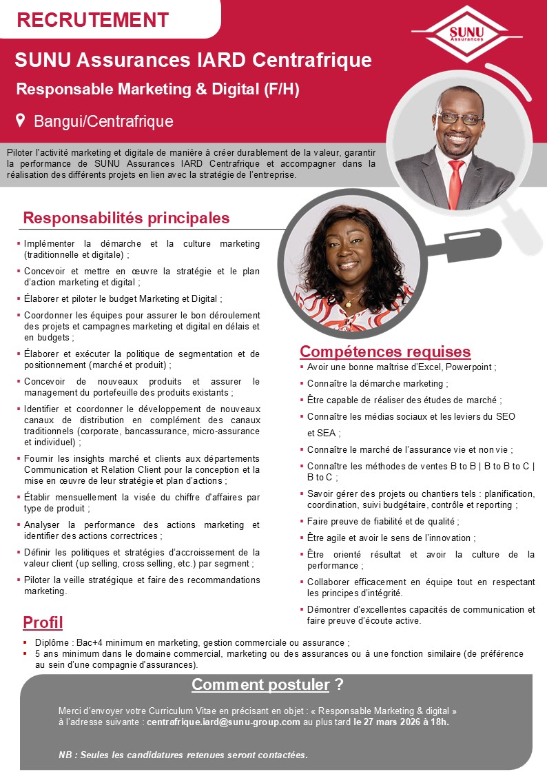 Recrutement au sein des filiales du Groupe SUNU : soumettez votre candidature (19 mars 2026)