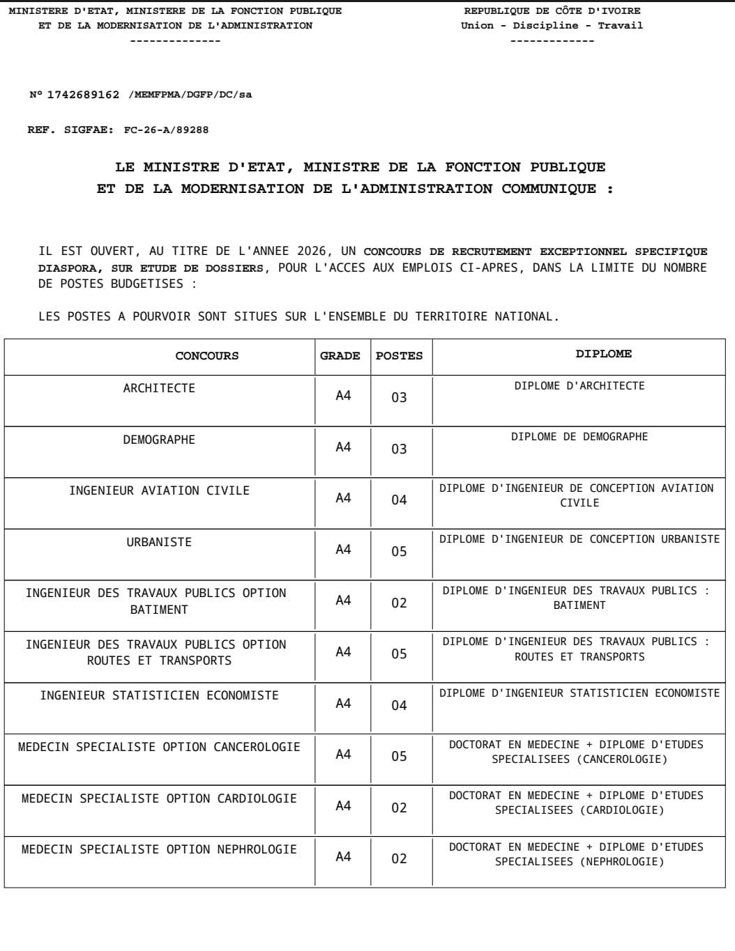 Côte d'ivoire  concours de recrutement exceptionnel destiné à la diaspora