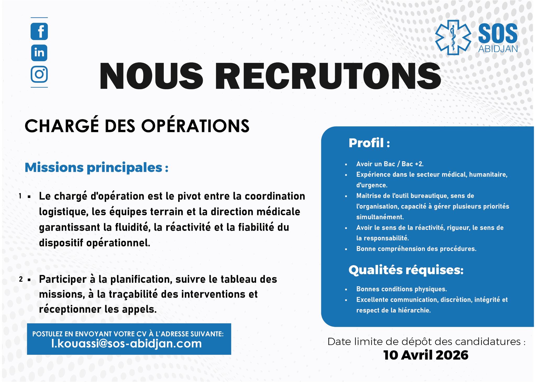 RECRUTEMENT EN COURS A SOS ABIDJAN (27 mars 2026)