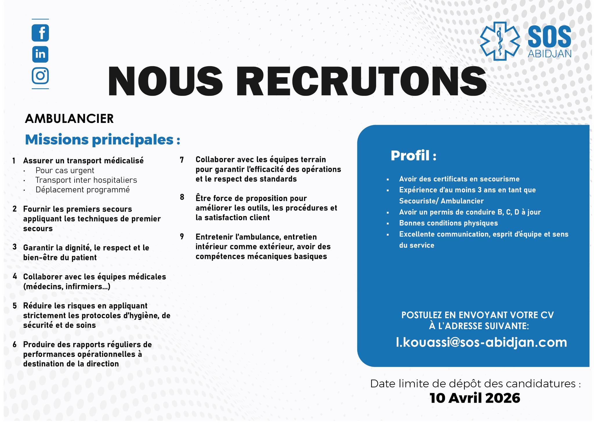 RECRUTEMENT EN COURS A SOS ABIDJAN (27 mars 2026)
