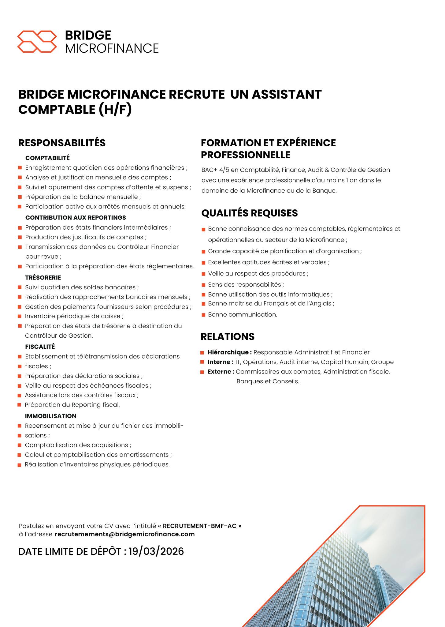 BRIDGE MICROFINANCE RECRUTE (15 mars 2026)