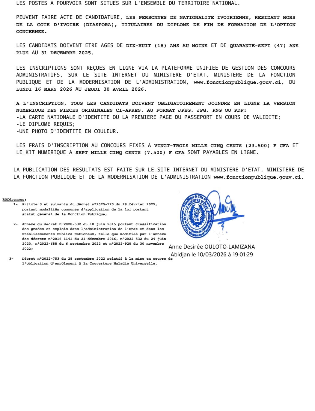 Côte d'ivoire  concours de recrutement exceptionnel destiné à la diaspora