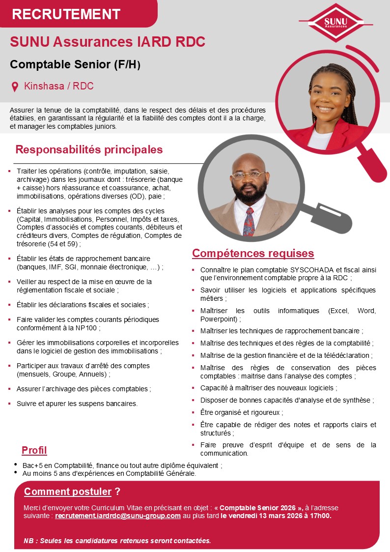 Nouveau recrutement au sein des filiales du Groupe SUNU (05 mars 2026)