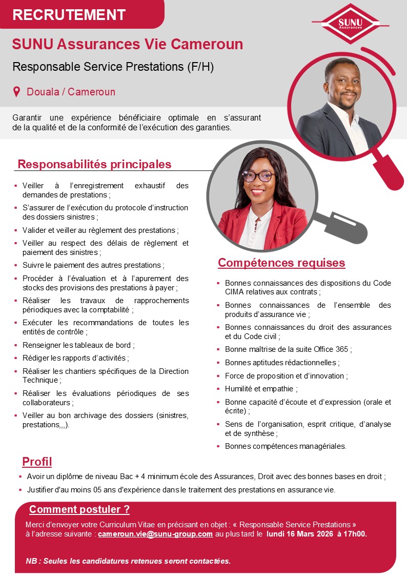 Opportunités d’emploi au sein des filiales du Groupe SUNU (04 mars 2026)