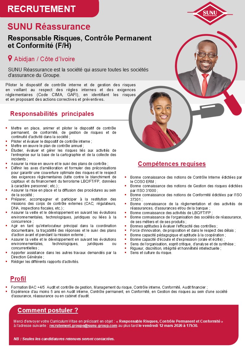 Opportunités d’emploi au sein des filiales du Groupe SUNU (04 mars 2026)