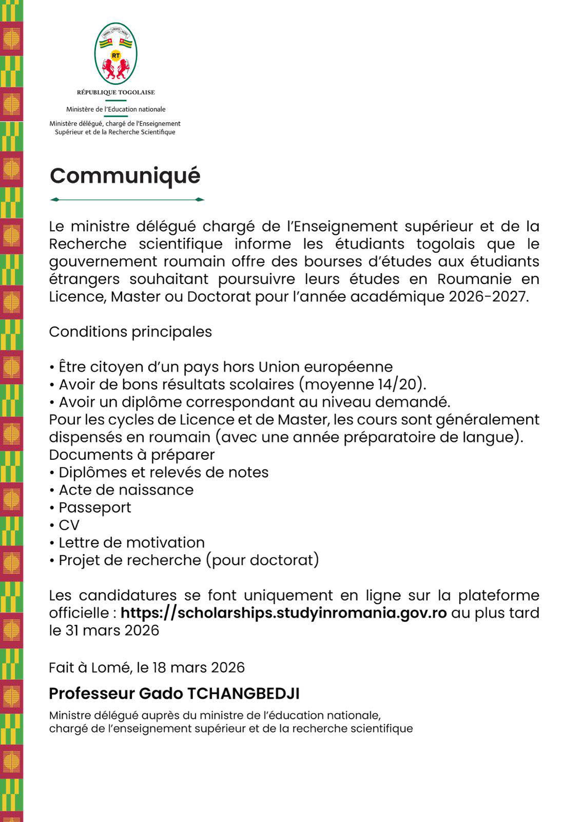 TOGO  bourses d’études de la Roumanie aux étudiants étrangers