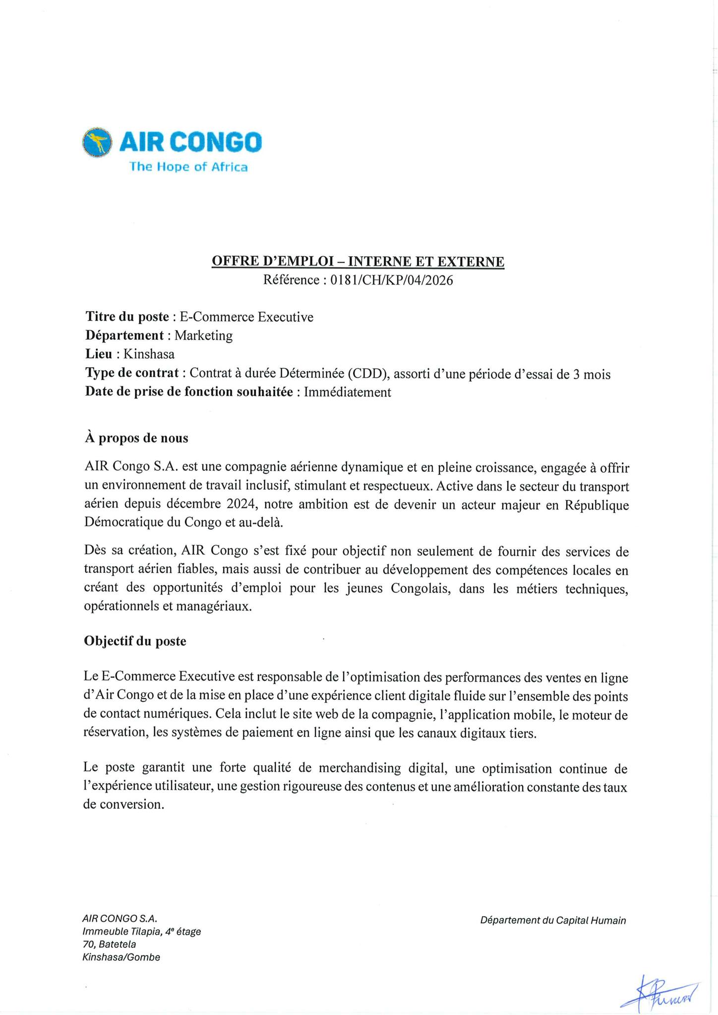 Air Congo recrute à nouveau du personnel (05 avril 2026)