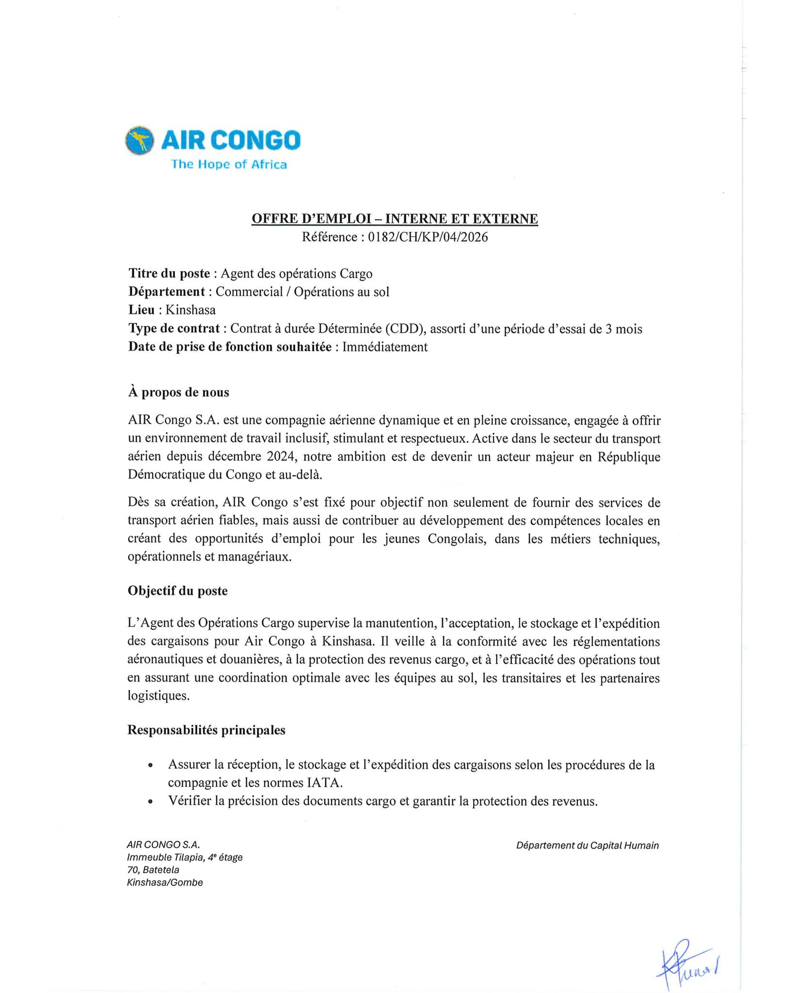 Air Congo recrute à nouveau du personnel (05 avril 2026)