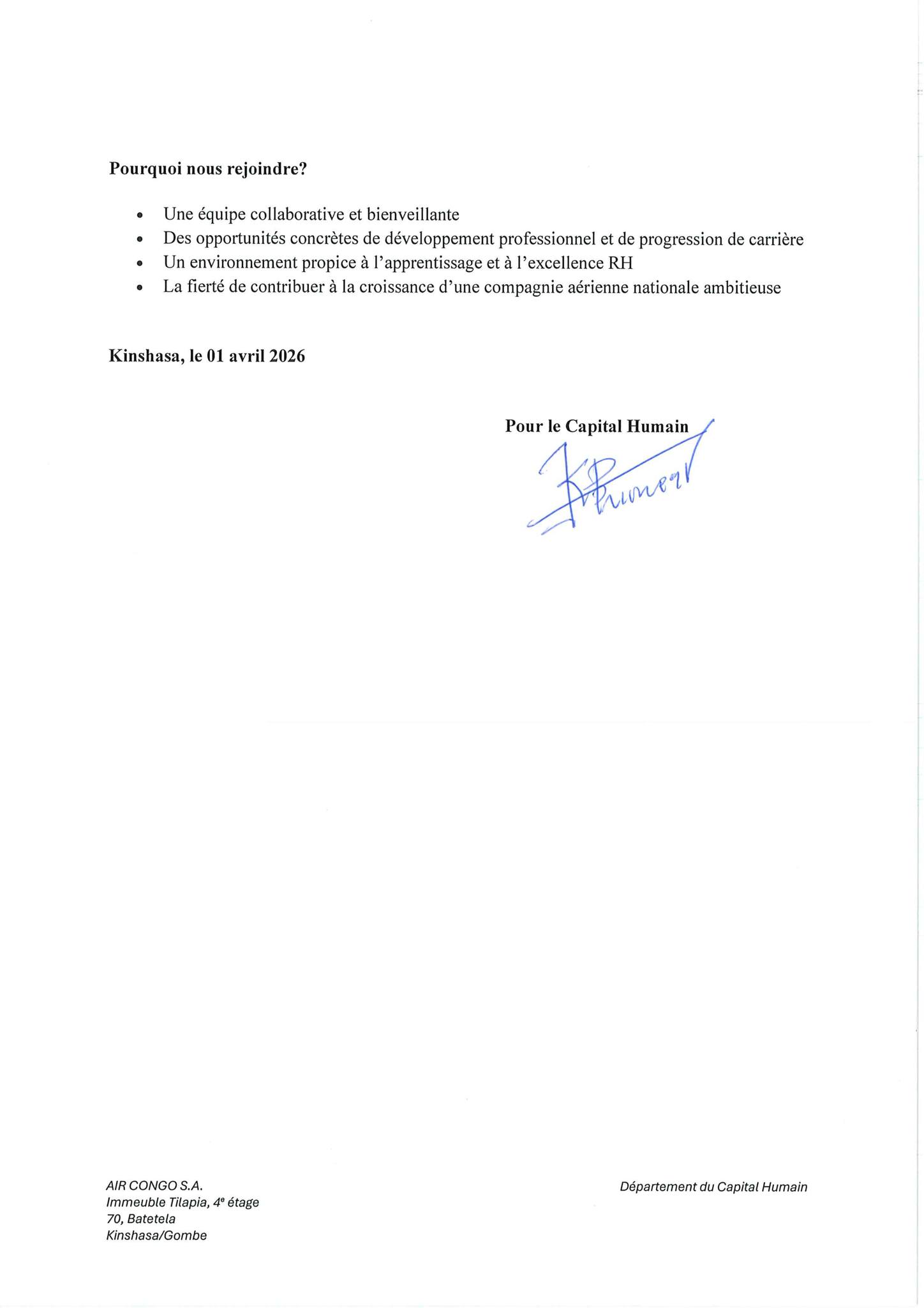 Air Congo recrute à nouveau du personnel (05 avril 2026)