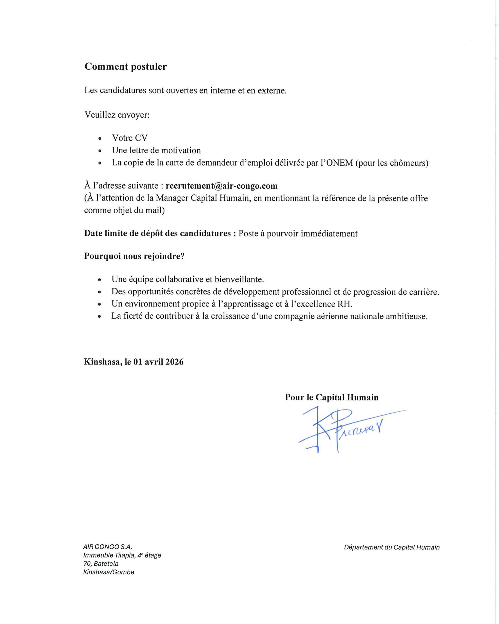 Air Congo recrute à nouveau du personnel (05 avril 2026)