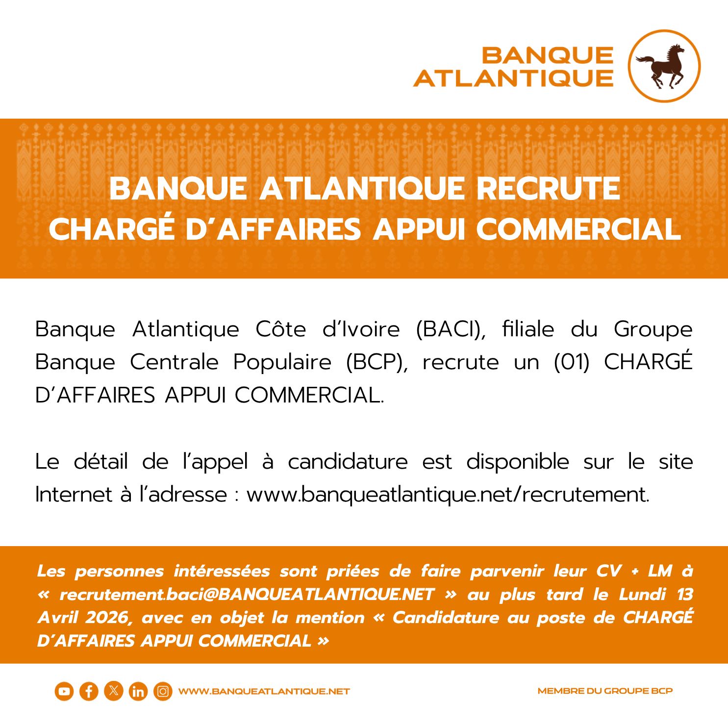 La Banque Atlantique recrute à nouveau (02 avril 2026)