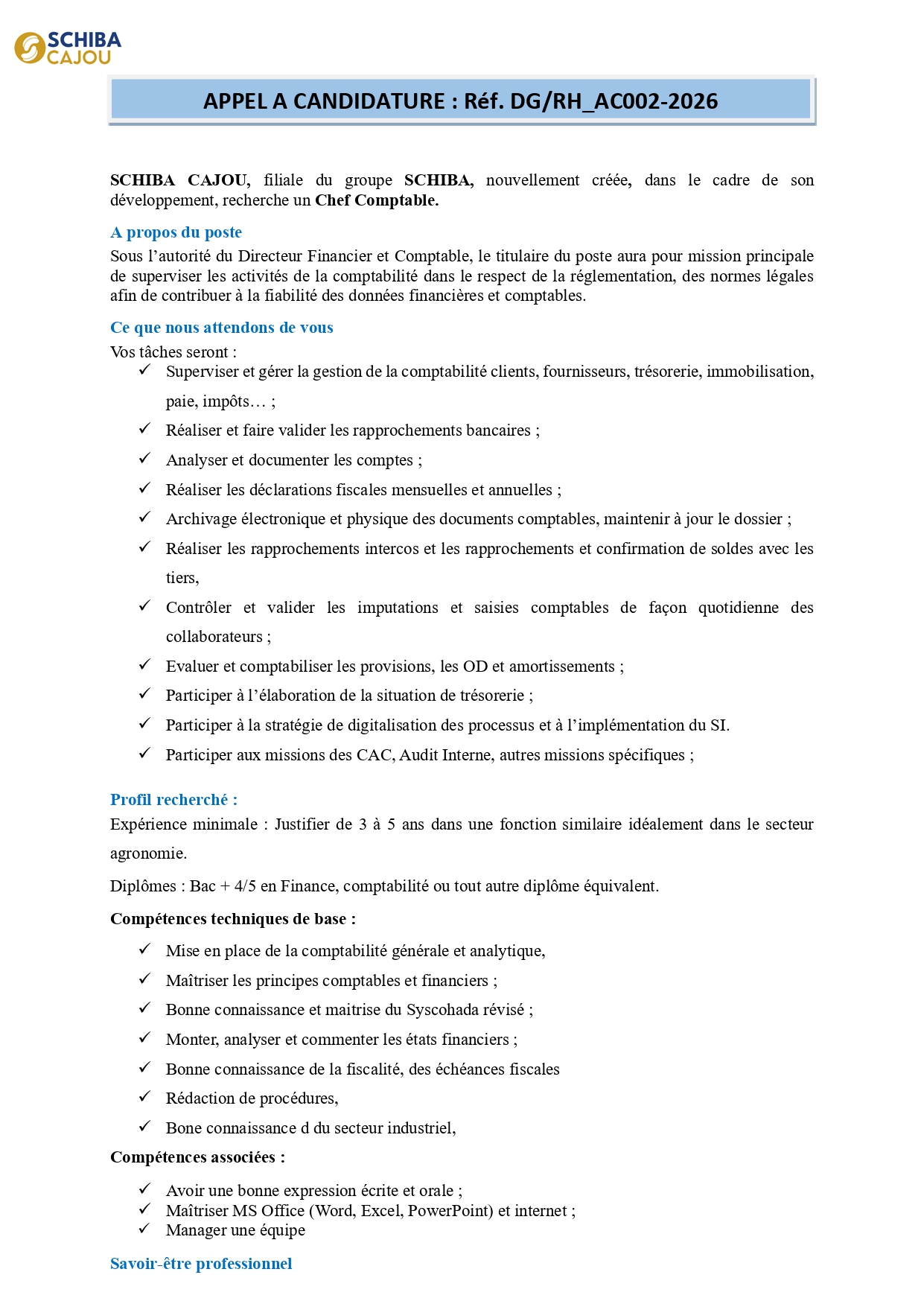 Schiba Cajou recrute du personnel (09 avril 2026)