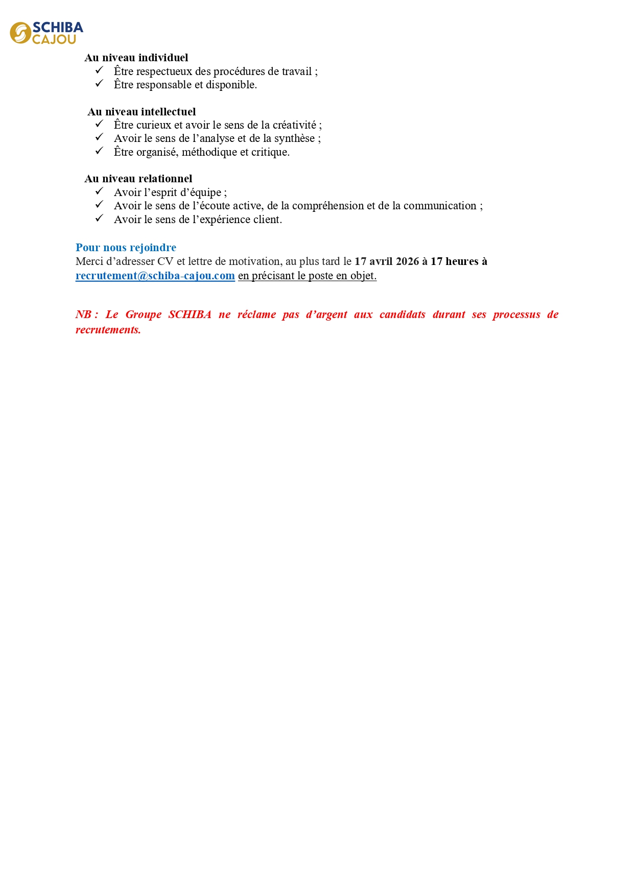 Schiba Cajou recrute du personnel (09 avril 2026)