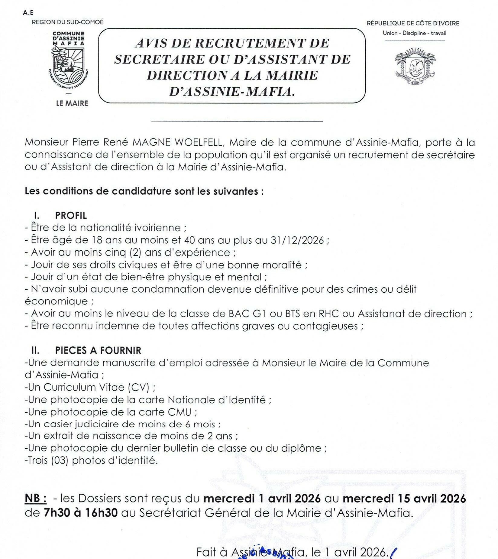 Côte d'Ivoire : la mairie d'Assinie recrute pour ce poste (08 avril 2026)