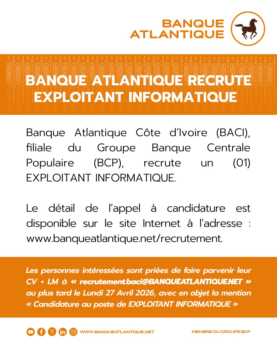 La Banque Atlantique recrute du personnel (16 avril 2026)