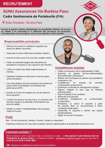 Recrutement lancé dans les filiales du Groupe SUNU (17 avril 2026)