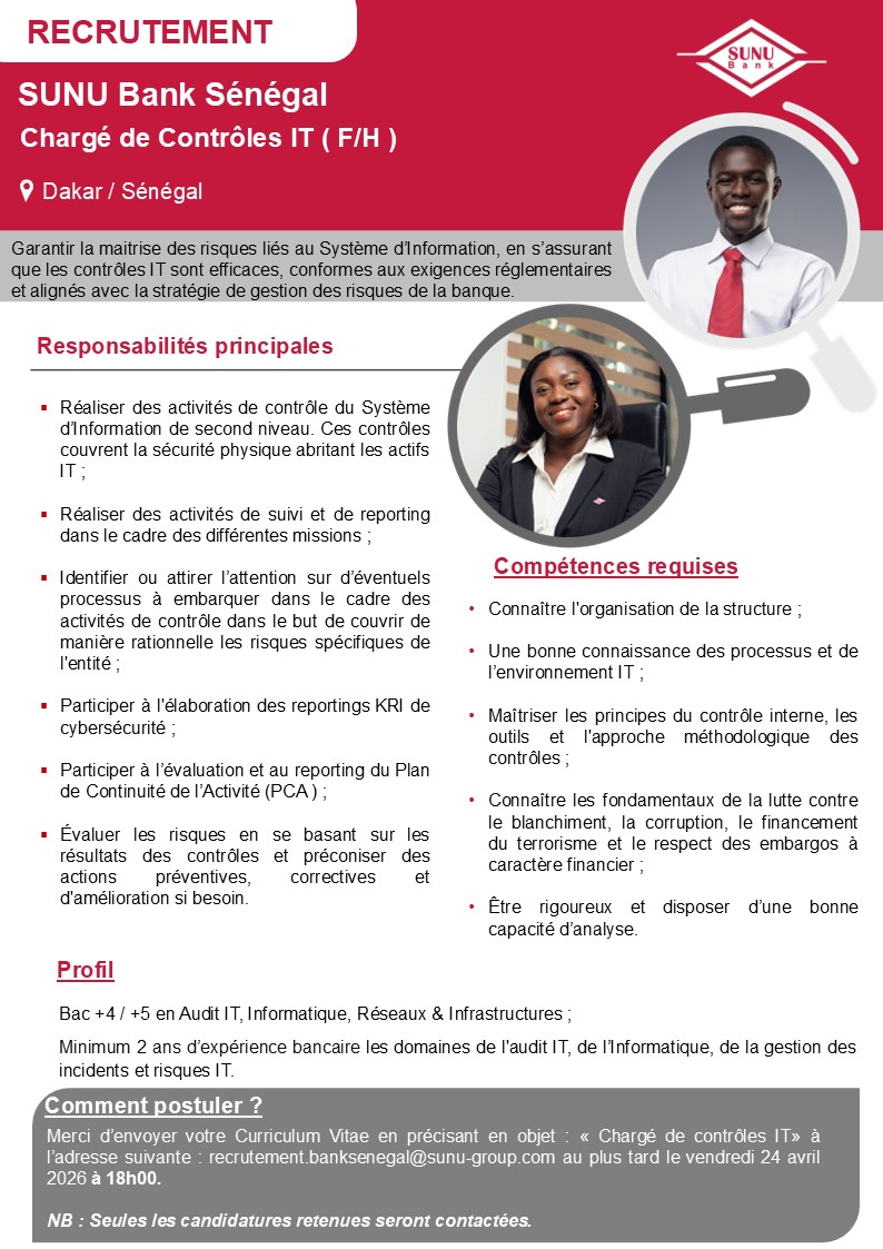 Recrutement lancé dans les filiales du Groupe SUNU (17 avril 2026)