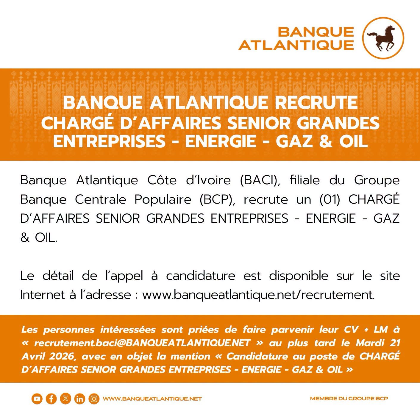 Nouveau recrutement lancé à la Banque Atlantique (19 avril 2026)