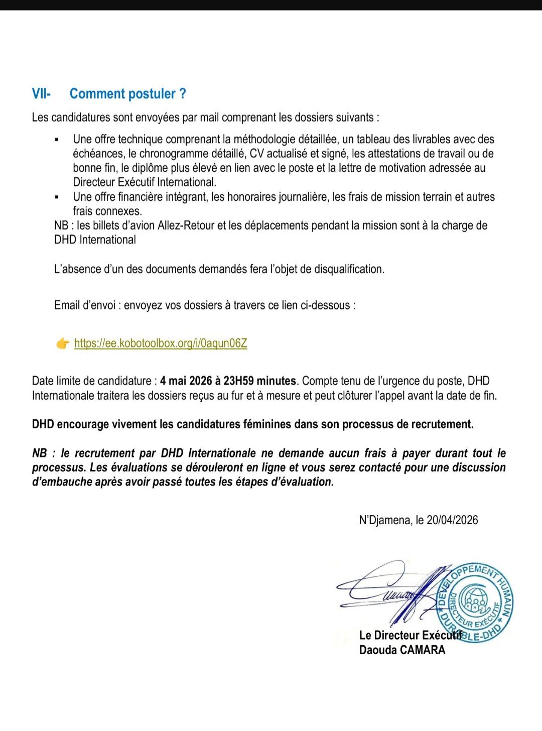 Recrutement lancé à l'ONG Développement Humain Durable (DHD)-(24 avril 2026)