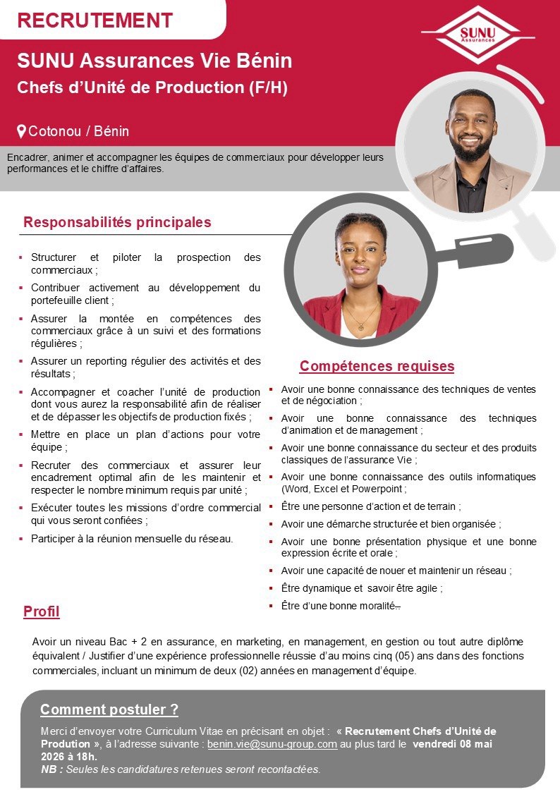 SUNU Assurances recrute (21 avril 2026)