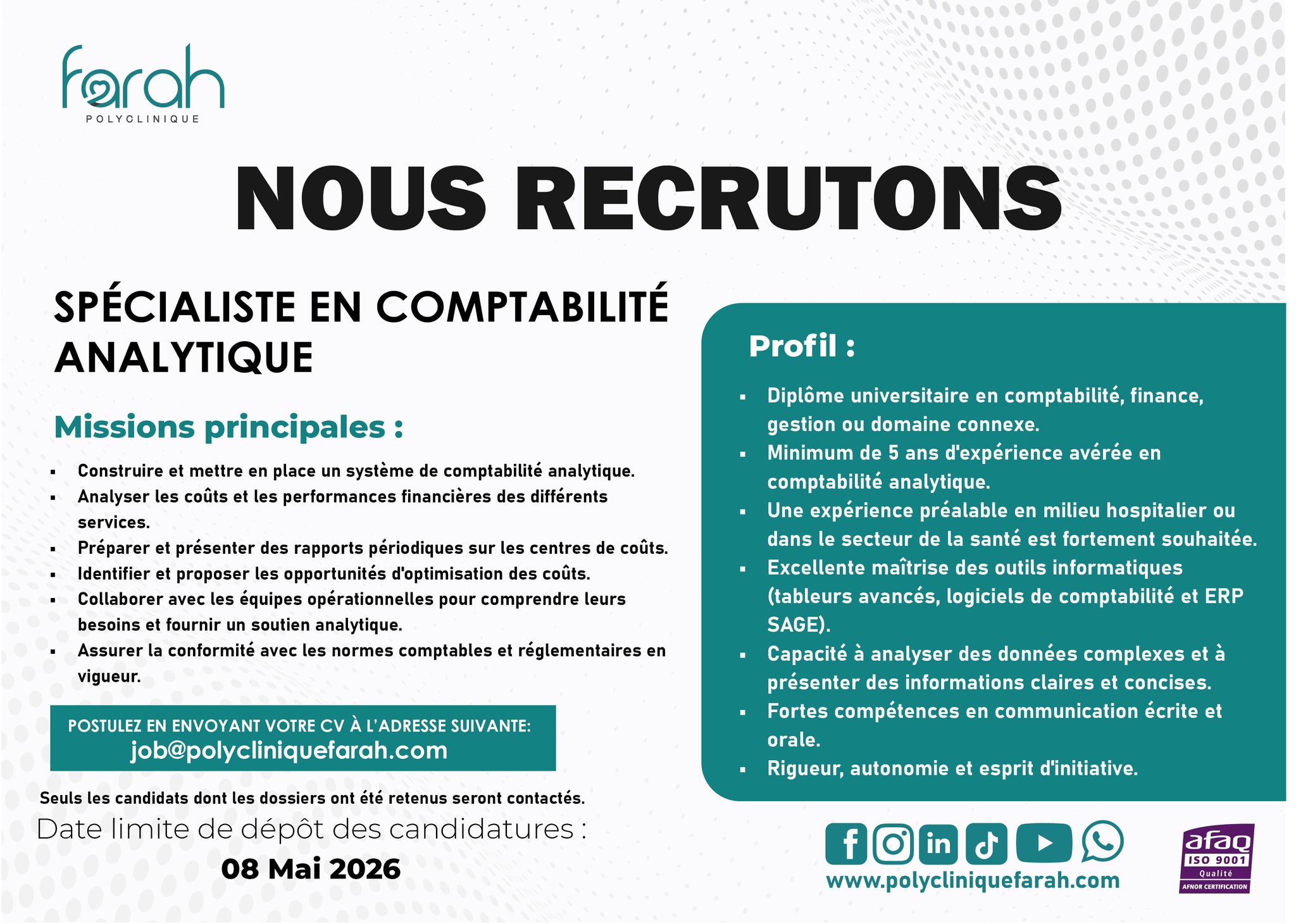Recrutement lancé à la Polyclinique Farah (23 avril 2026)
