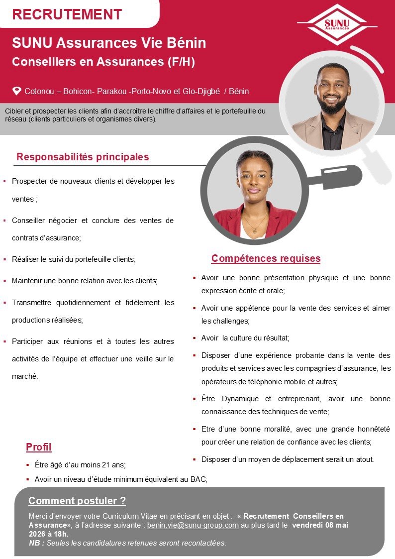 SUNU Assurances recrute (21 avril 2026)