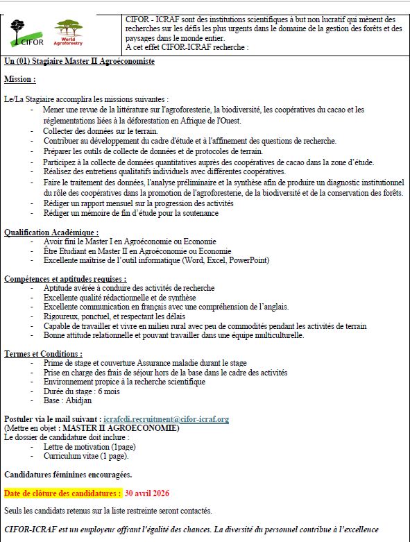 Les ONG CIFOR-ICRAF recrutent un stagiaire (23 avril 2026)
