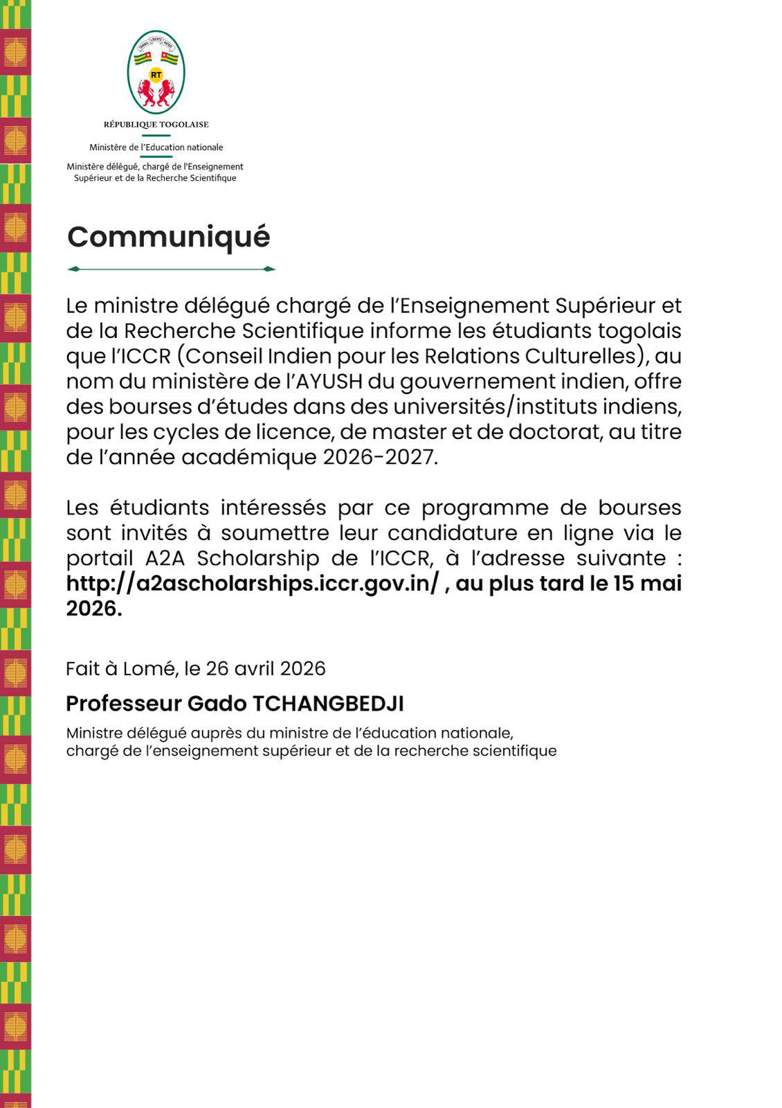 Togo : les bourses du Conseil Indien pour les Relations Culturelles ouvertes