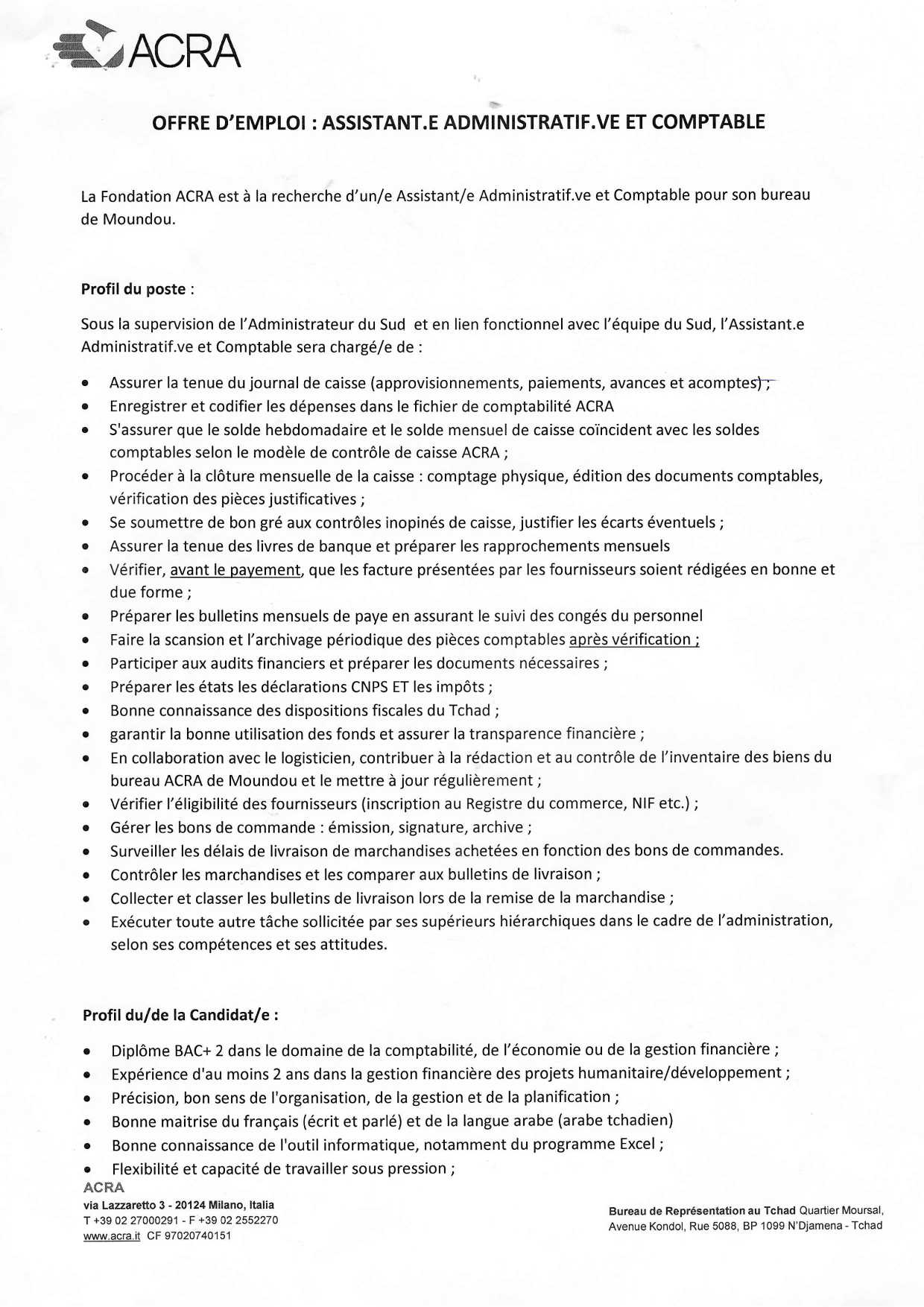 Recrutement lancé à l'ONG ACRA (30 avril 2026)