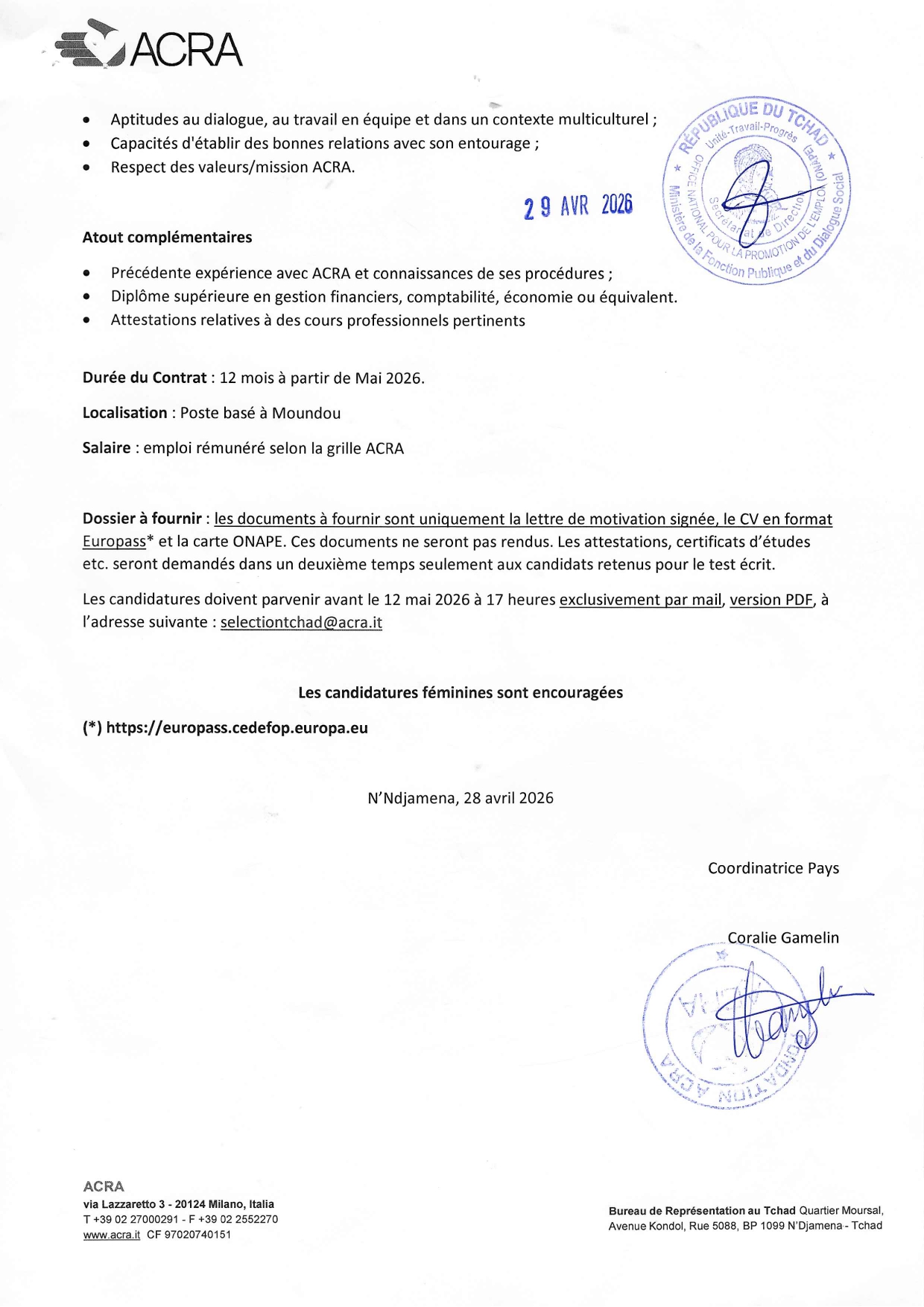Recrutement lancé à l'ONG ACRA (30 avril 2026)