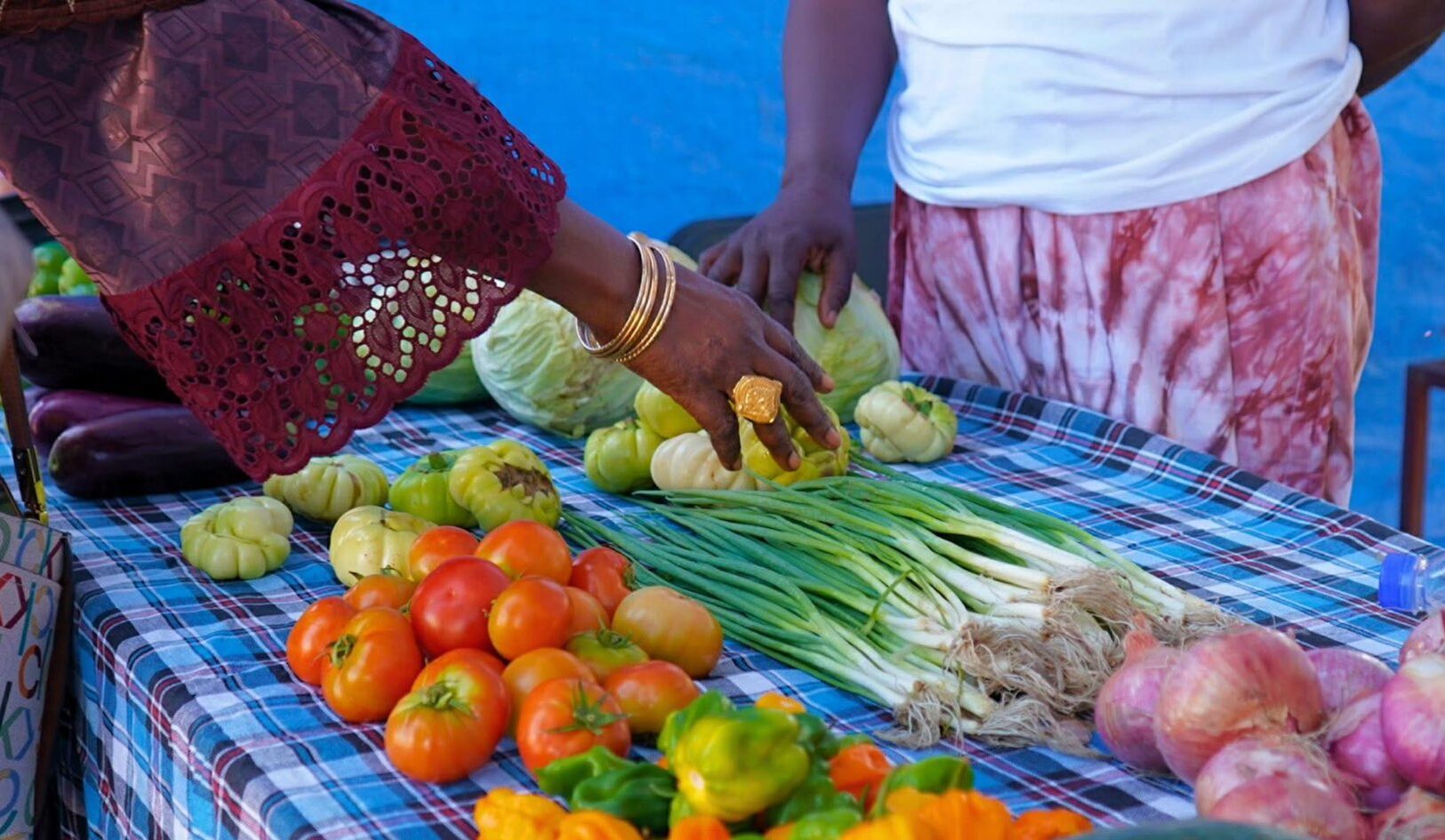 une femme noire qui veut acheter des tomates et oignons