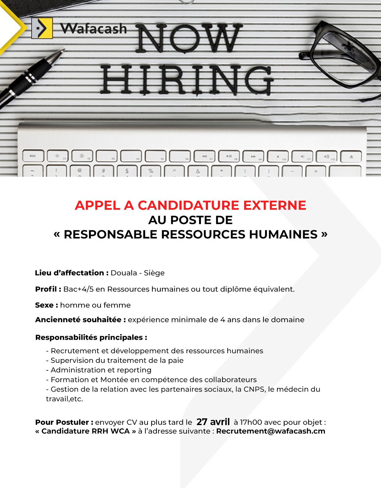 WAFACASH CENTRAL AFRICA RECRUTE A NOUVEAU (15 avril 2026)