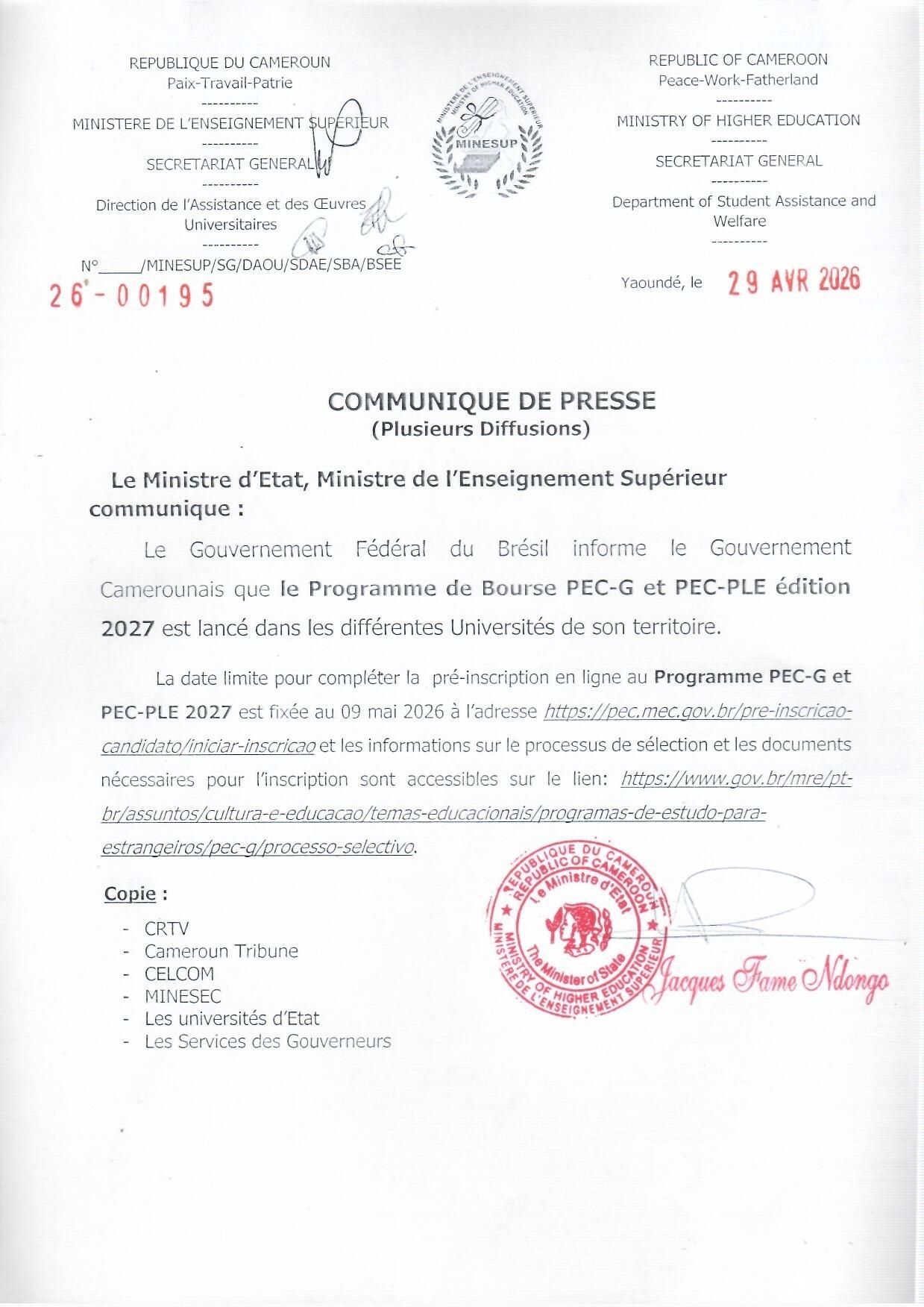 Opportunité d'études au Brésil : les bourses PEC-G et PEC-PLE 2027 lancées