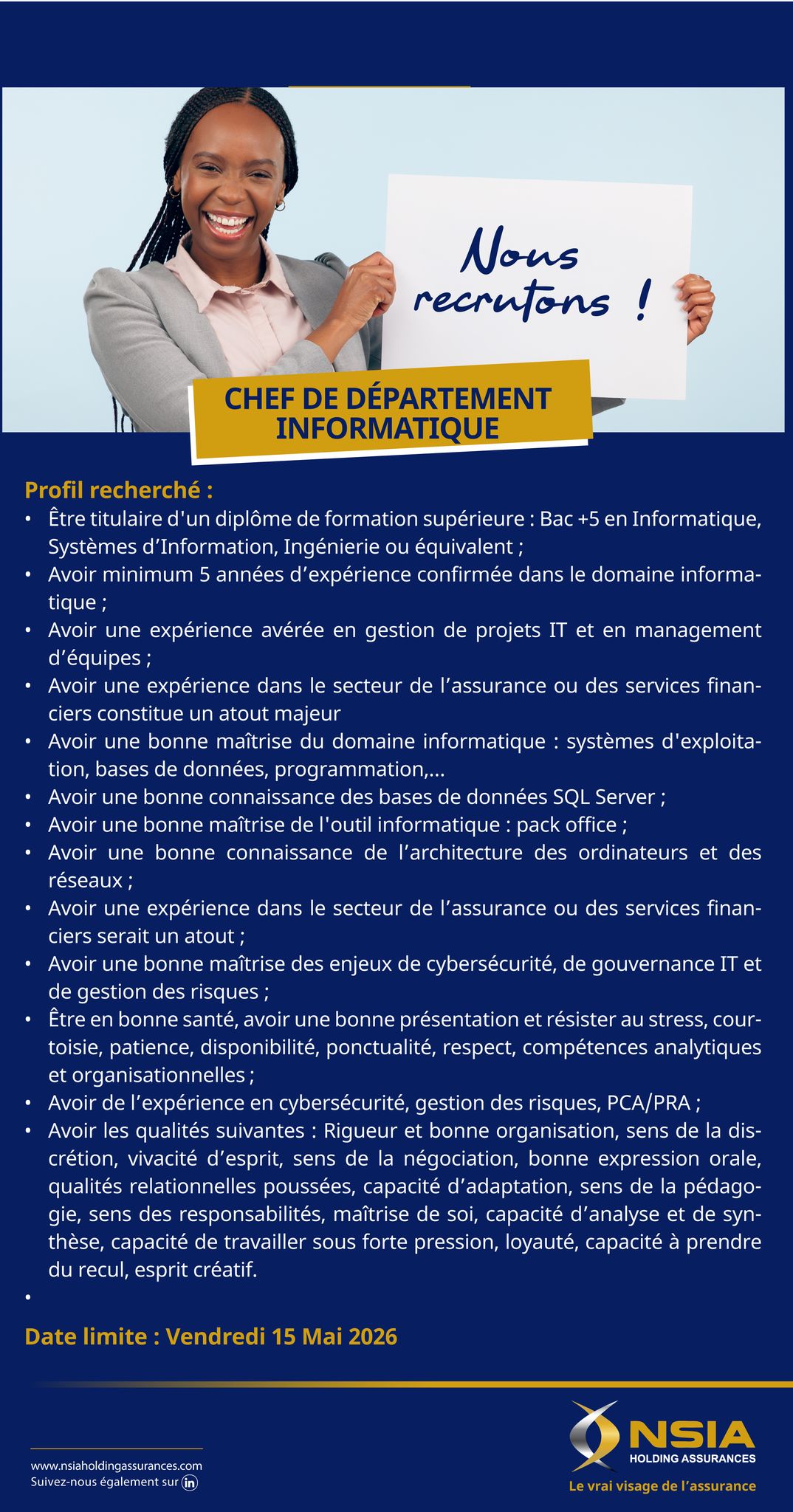 NSIA ASSURANCES RECRUTE POUR CES POSTES (07 mai 2026)