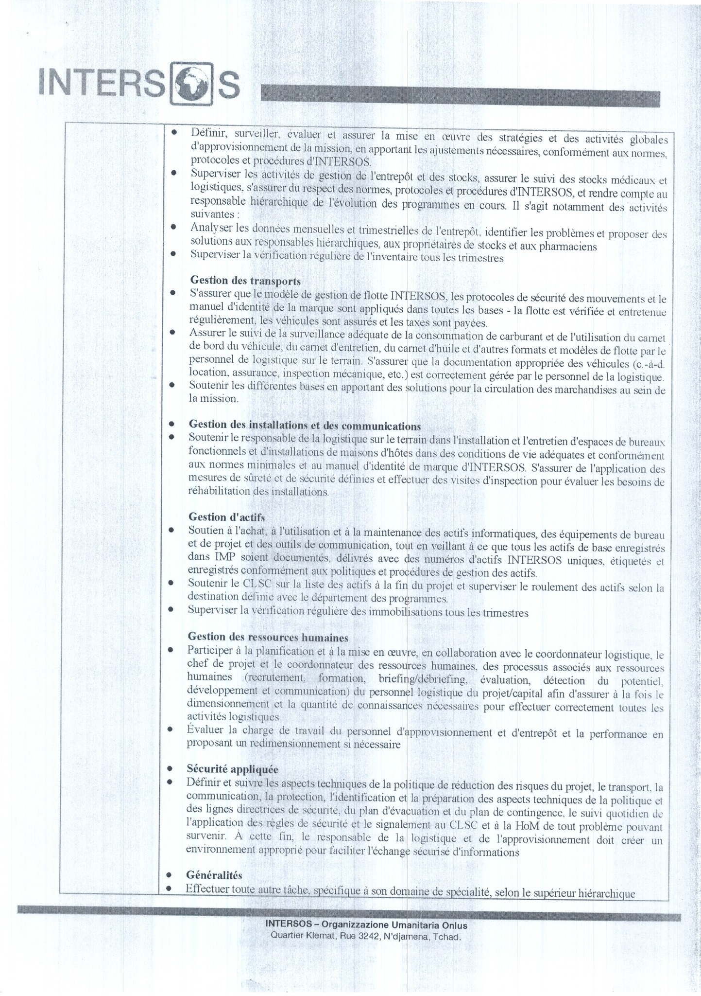 NOUVEAU POSTE À POURVOIR À L'ONG humanitaire INTERSOS (8 mai 2026)