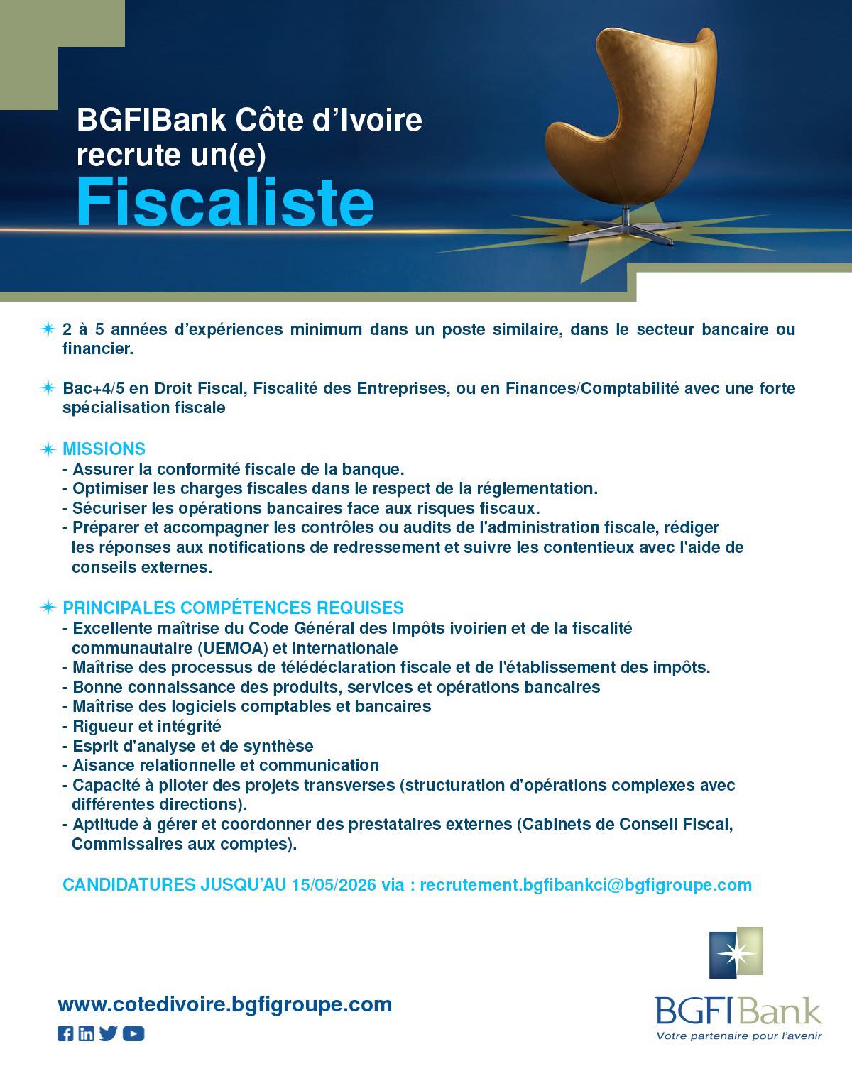 NOUVEAUX POSTES À POURVOIR À LA BGFIBank (08 mai 2026)