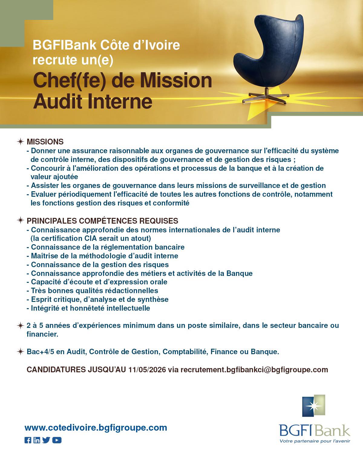 NOUVEAUX POSTES À POURVOIR À LA BGFIBank (08 mai 2026)