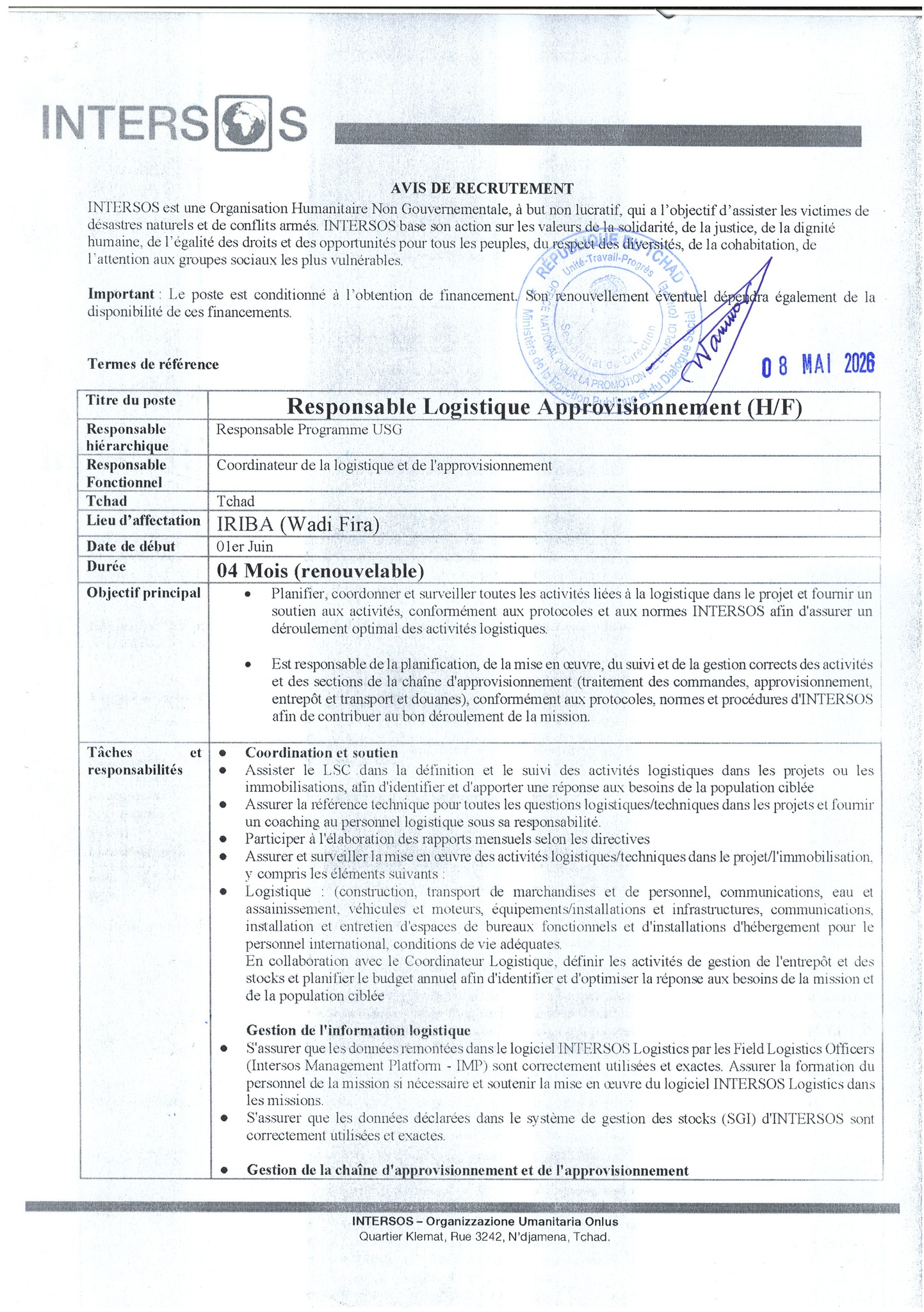 NOUVEAU POSTE À POURVOIR À L'ONG humanitaire INTERSOS (8 mai 2026)