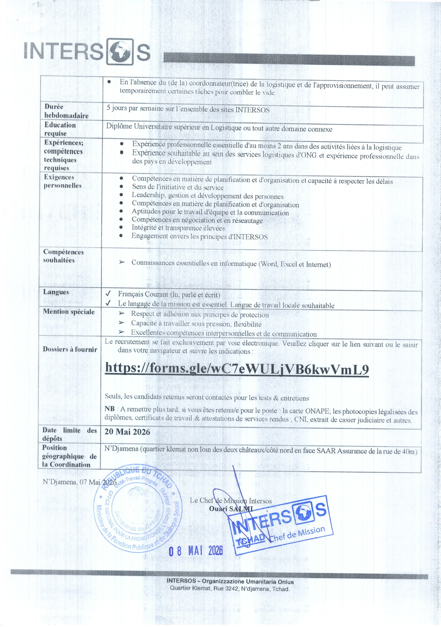 NOUVEAU POSTE À POURVOIR À L'ONG humanitaire INTERSOS (8 mai 2026)