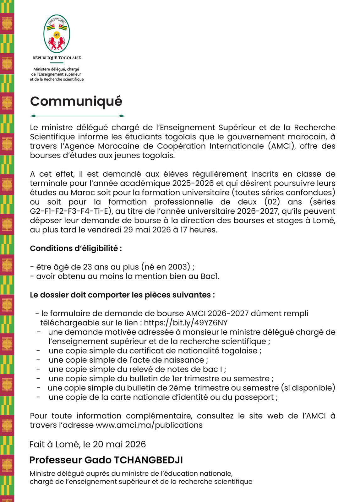 Togo : les Bourses d'études du Maroc aux élèves de Terminale ouvertes