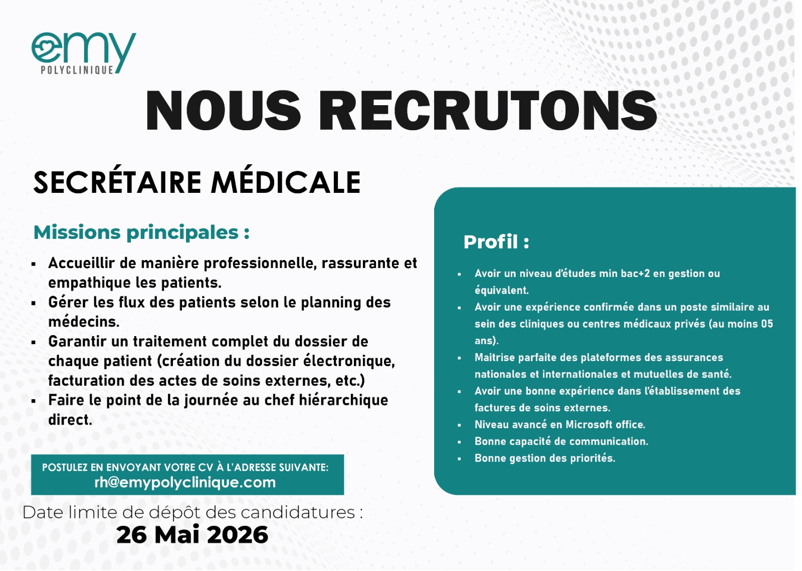 EMY Polyclinique recrute : envoyez votre candidature (22 mai 2026)