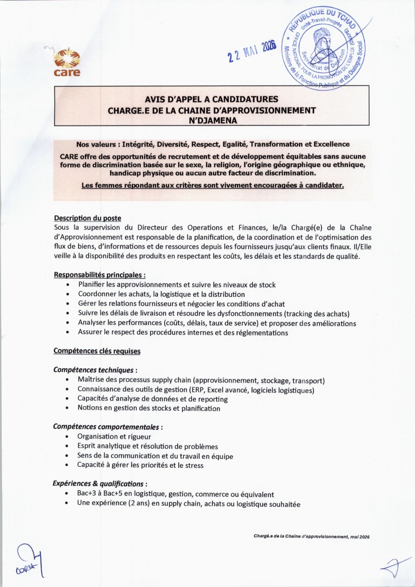 NOUVEAU RECRUTEMENT À L'ONG CARE INTERNATIONAL (22 mai 2026)