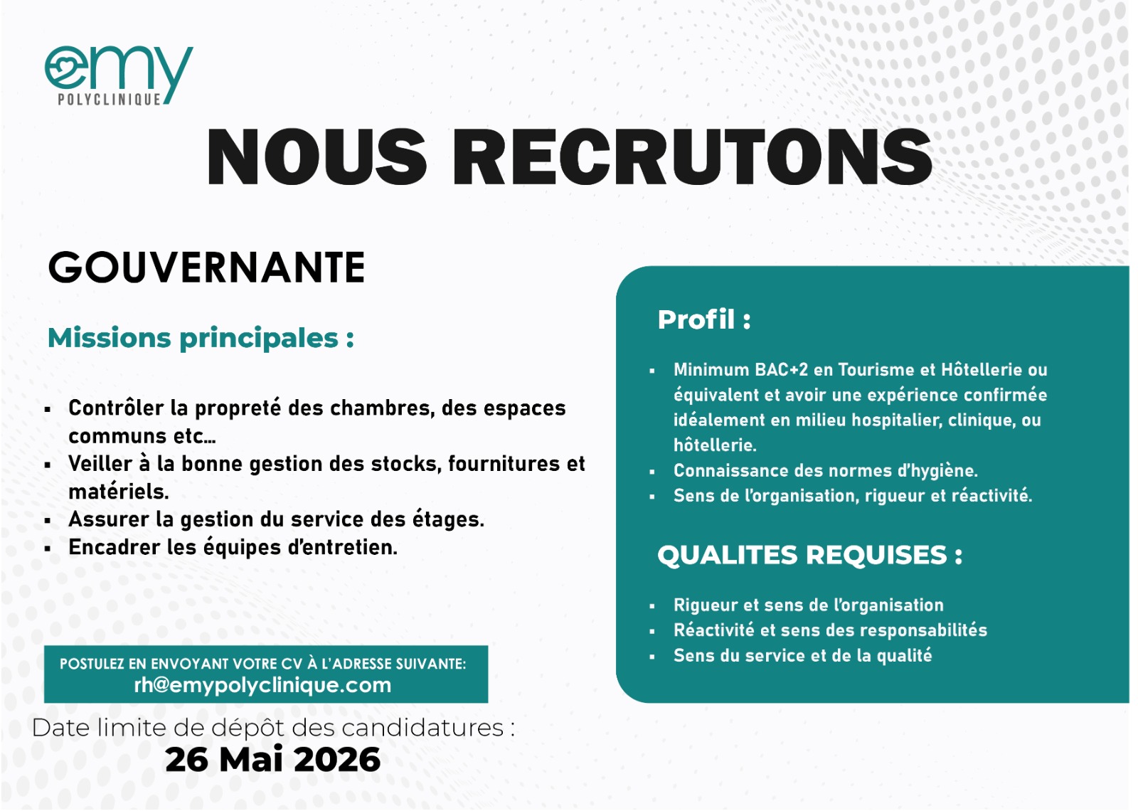 EMY Polyclinique recrute : envoyez votre candidature (22 mai 2026)