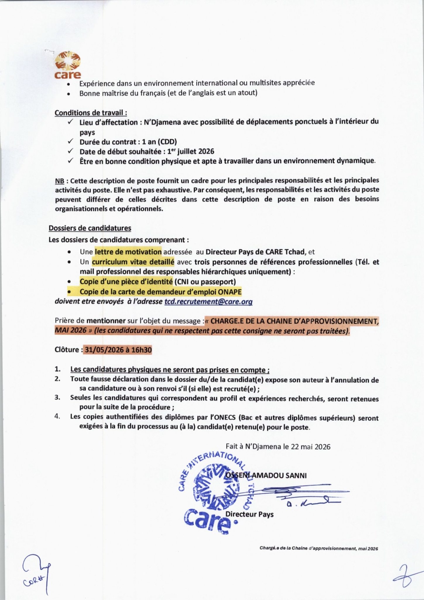 NOUVEAU RECRUTEMENT À L'ONG CARE INTERNATIONAL (22 mai 2026)