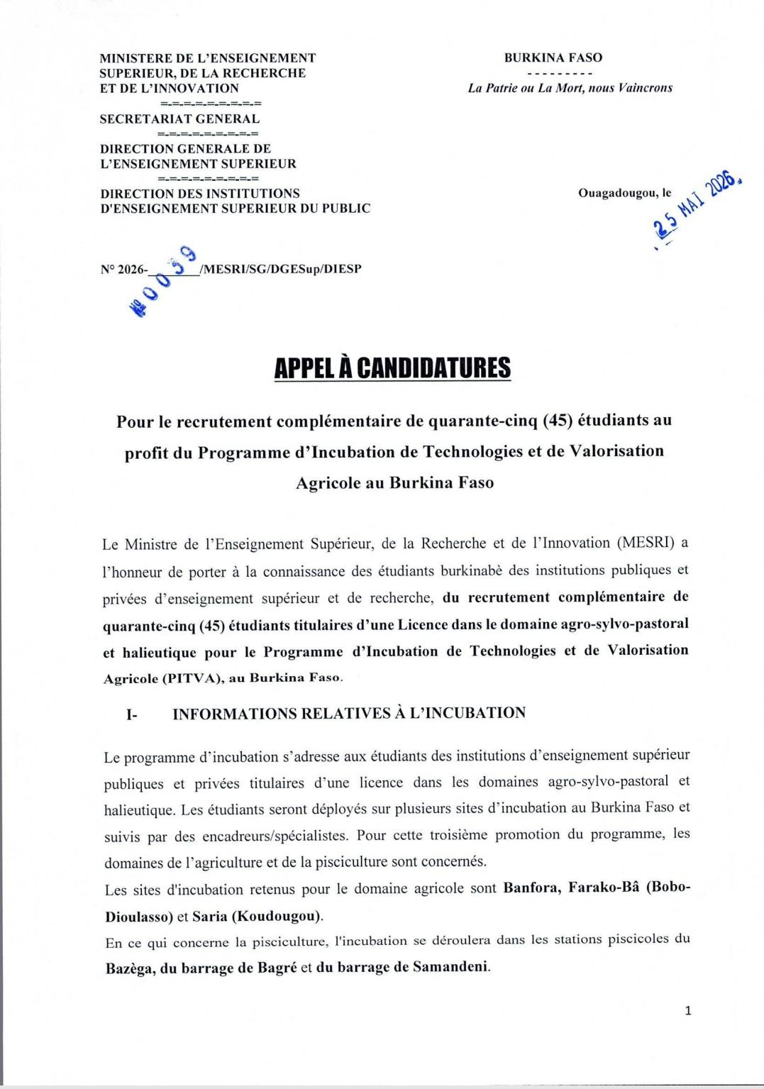 Burkina Faso / MESRI : recrutement de 45 étudiants titulaires de la licence